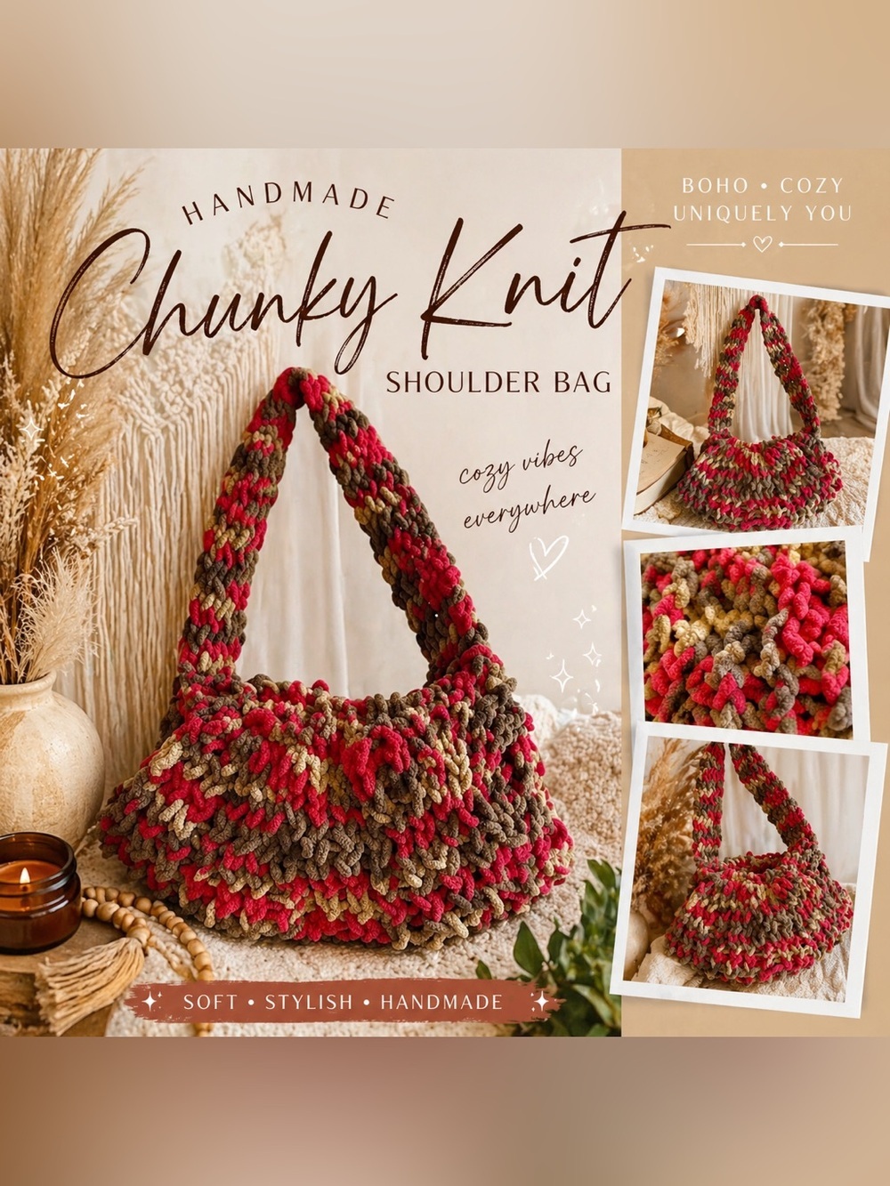 Handmade Chunky Knit Shoulder Bag Large Cozy Plush Yarn Tote Boho Fall Colors